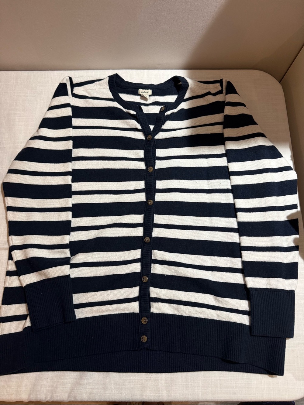 L. L. Bean Classic Navy and White Striped Button-Front Sweater Cardigan